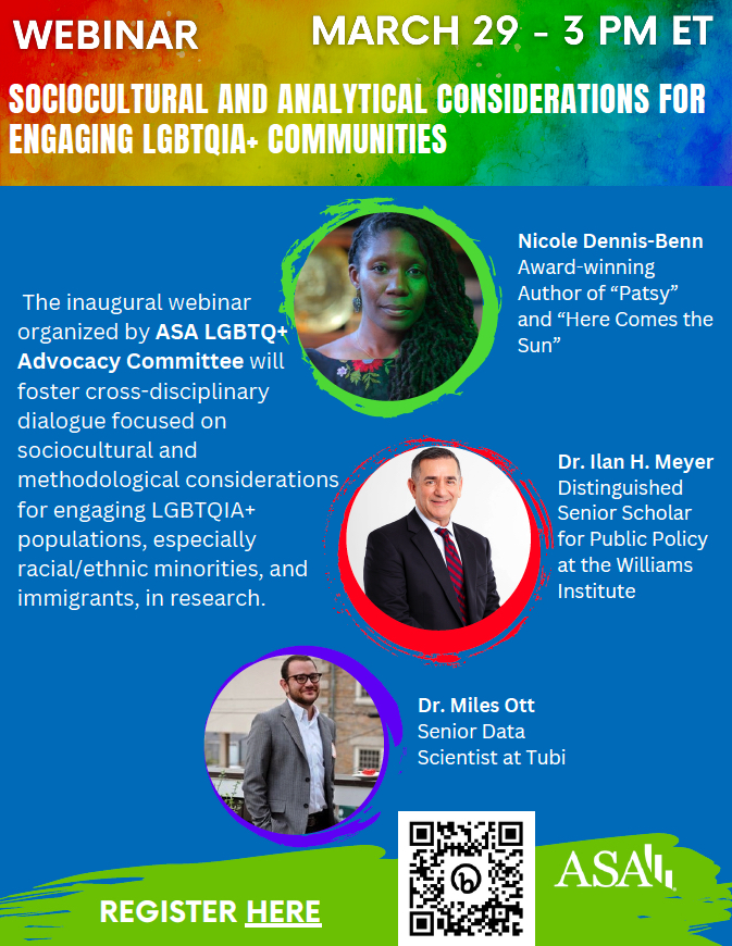 Rainbow colored flyer advertising webinar titled 'Sociocultural and analytical considerations for engaging LGBTQIA+ Communities' with photos of speakers. Flyer includes webinar date/time and QR code for Zoom registration.